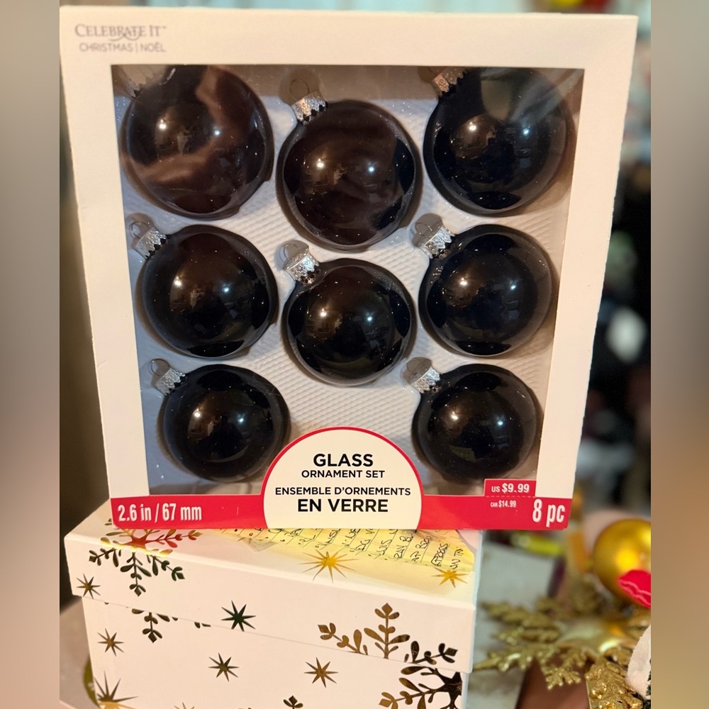 Celebrate It! 8pc Black Glass Ornament Set NIB Retail $9.99